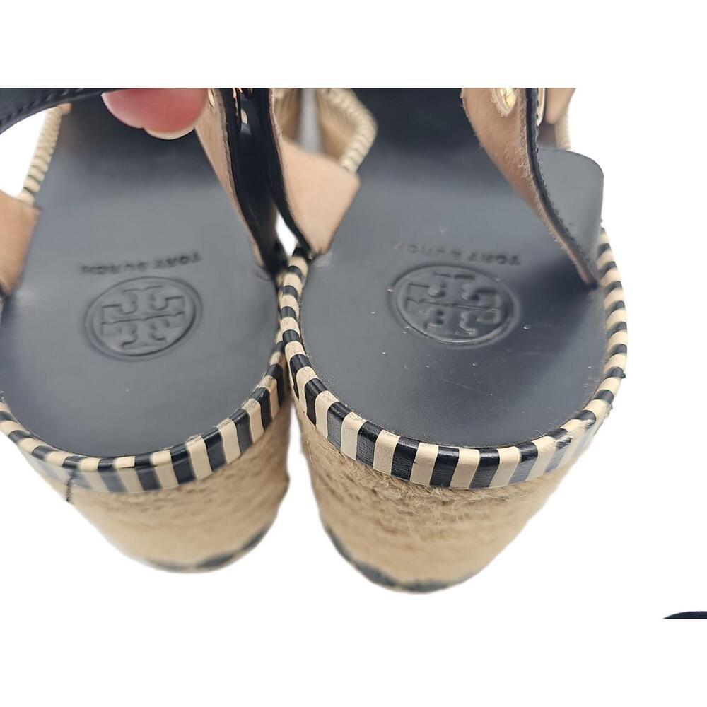 Tory Burch Black Espadrille Wedge Sandals Leather Jute Trim Size 10 - Picture 7 of 12